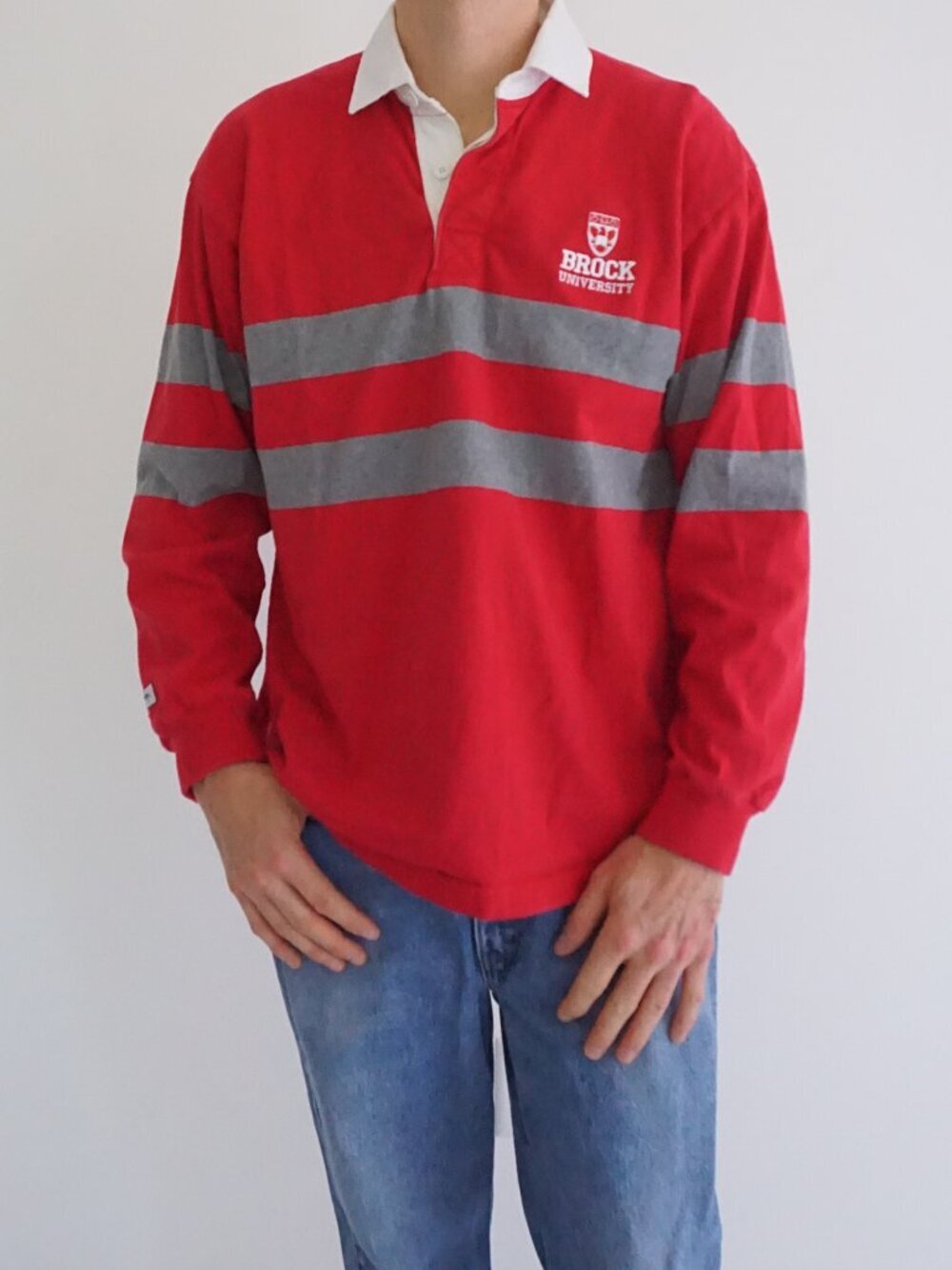 Barbarian Brock U Red Grey Brock University Crest Canadian Athletic Rugby Polo L